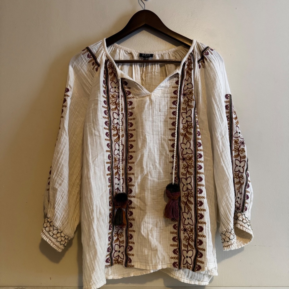 Women's Sz XXL Ivory White Embroidered Peasant Blouse Cottagecore Fall Cotton
